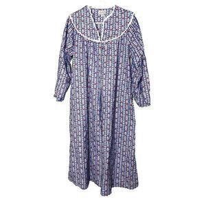 Lanz of Salzburg Size M Tyrolean Flannel Cotton Floral Night Gown Blue Hearts